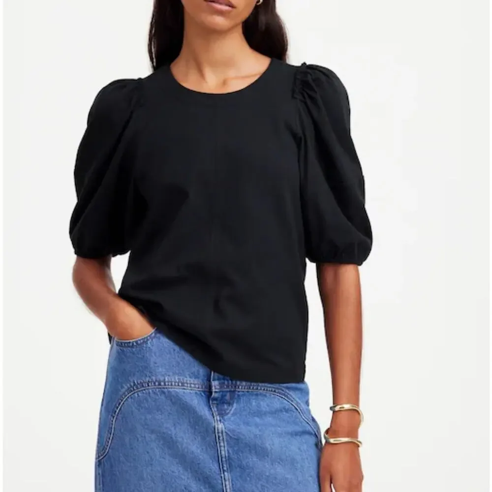 Madewell Women's Crew Neck Puff-Sleeve Relaxed Casual Tee Top Black XXS New